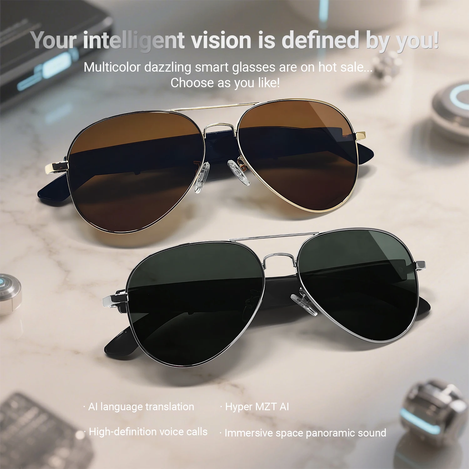 New AI Translation Smart Glasses 100+ Languages Make Receive Calls Music Calling Noise Reduction Light BT TWS Glasses Men Women