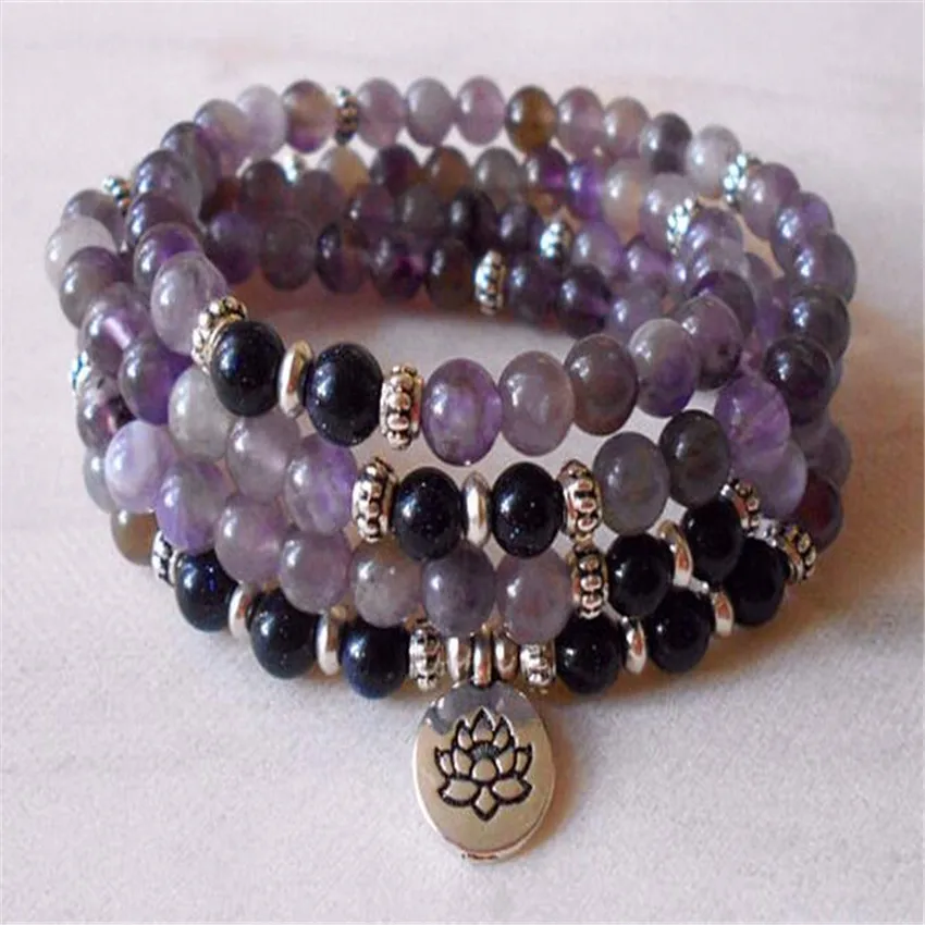 6mm Amethyst 108 Buddha Beads Bracelet Charm Trendy Health Cuff Teens Stackable Bangle Energy Mala