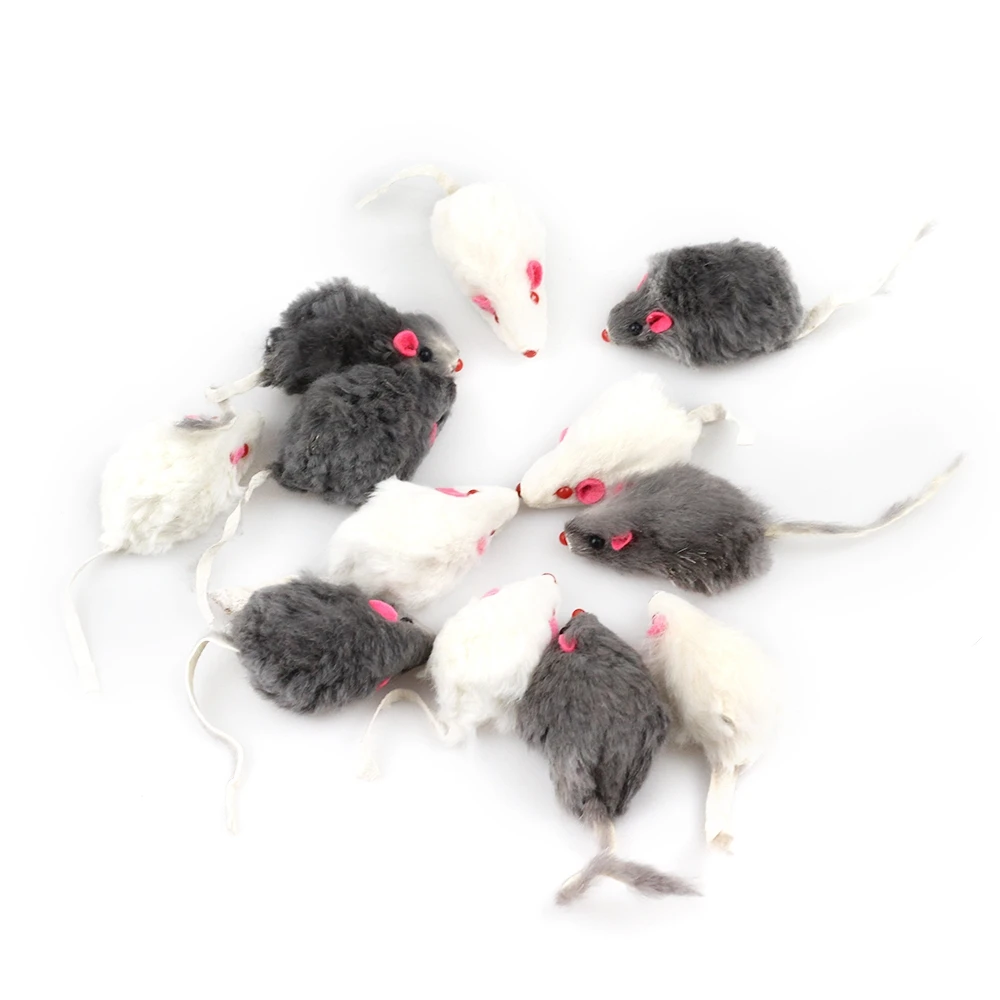 False Mouse Cat Pet Toys 12Pcs Cat Long-Haired Tail Mice Sound Rattling Soft Real Rabbit Fur Sound Squeaky Toy cat interactive toy
