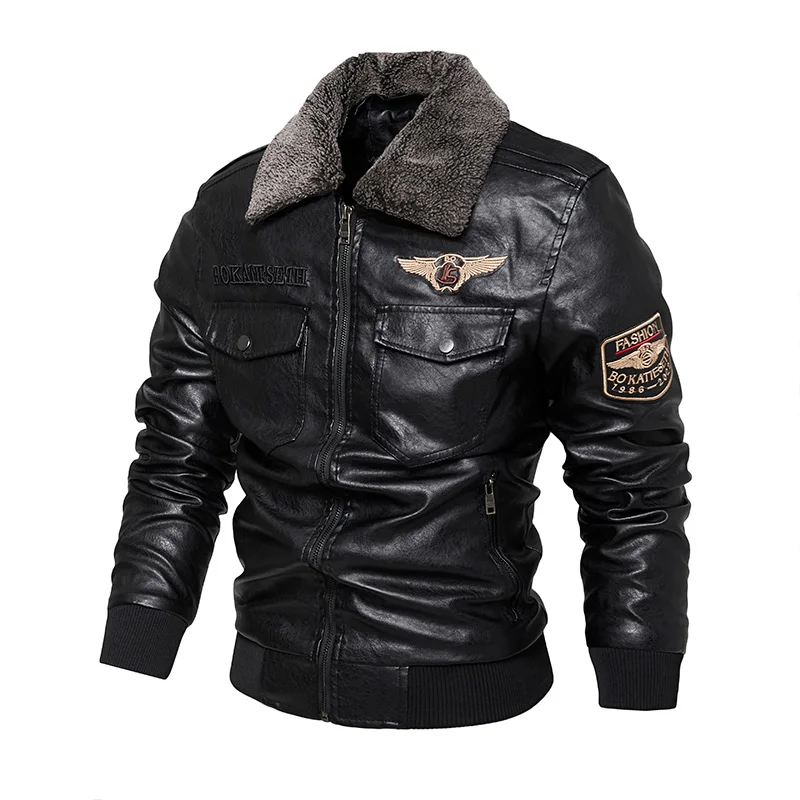 Winter Leather Jacket for Men's Casual and Fashionable Solid Color Windproof Fur Collar PU Coat Outdoor Bomber Flight Jacket