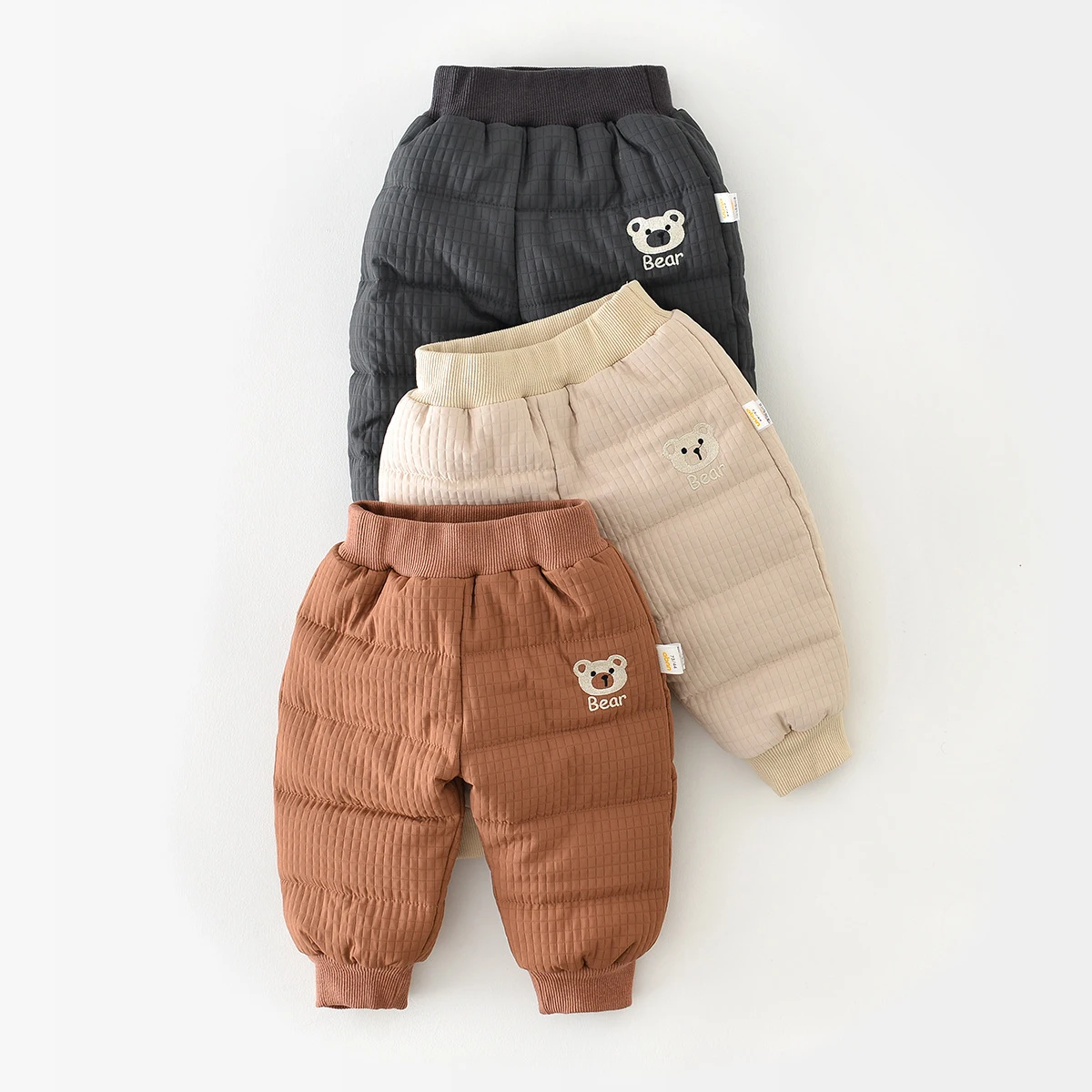 

0-4Y Kids Winter Pants Baby Boys Girls Solid Thicken Plus Velvet Trousers Cute Cartoon Bear Embroidery Toddler Warm Casual Pants