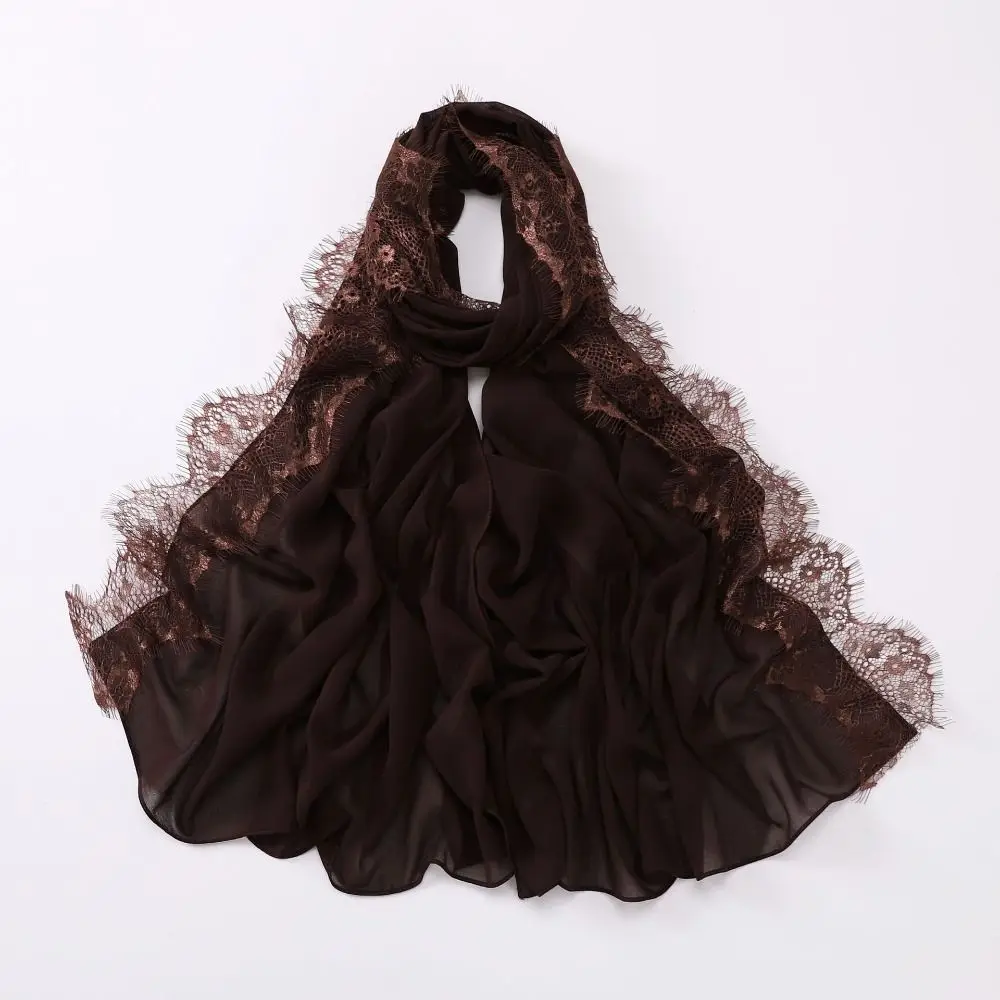 Vielseitiger Einfarbiger Seidenschal mit Spitzenkante Langer Chiffon-Hijab Weicher Atmungsaktiver Ramadan-Kopftuch Damen-Kopfbedeckung – Detail 10