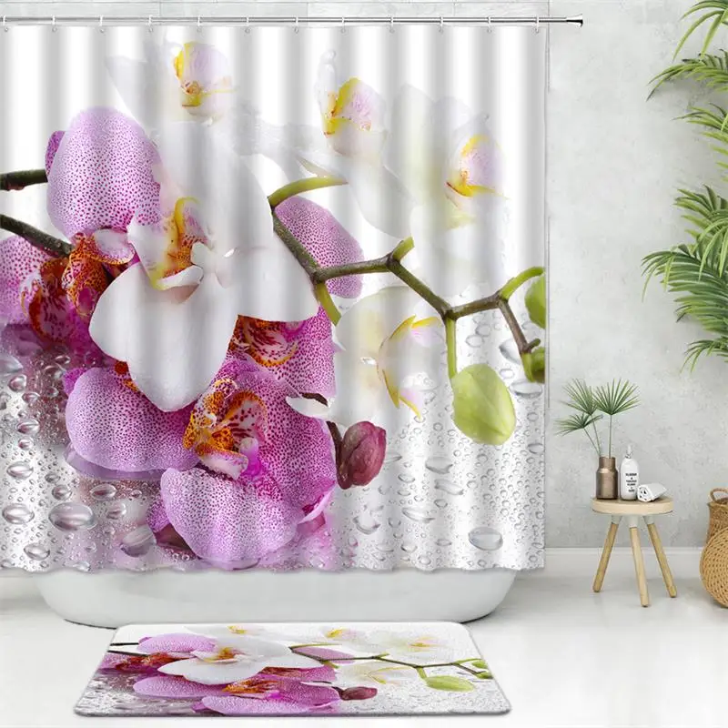 2pcs Orchid Shower Curtain Sets Bath Mat Flower Plant Winter Snowman Truck Rural Scenery Christmas Bathroom Decor Anti-Slip Rugs