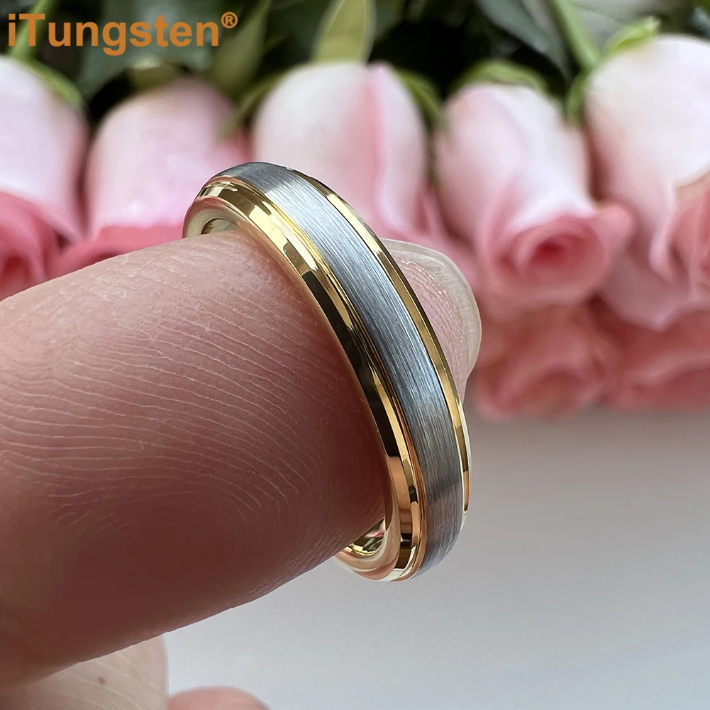 iTungsten 4mm Narrow Width Rings For Women Tungsten Engagement Wedding Band Stepped Beveled Brushed Finish Comfort Fit