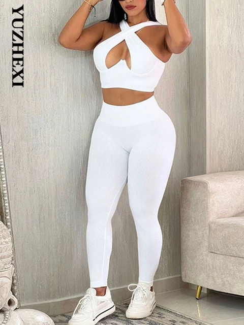 YUZHEXI Solid Color Slim Bare Midriff Vest W/ Tight High Waist Knit Pants  Two Piece Set Women Activewear Sporty Gym Suit - AliExpress