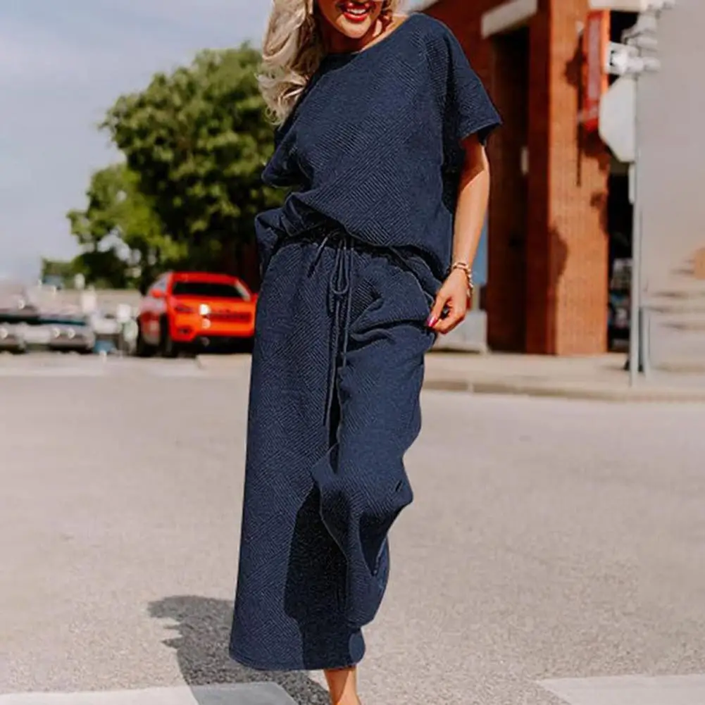 Summer Women Top Pants Set Women's Casual Two-piece Set with Short Sleeves Drawstring Waist Side Pockets Solid for Sportswear
