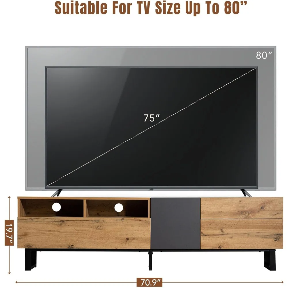 Modern TV Stand with 3 Cabinets & Open Shelves, Minimalist Wooden Entertainment Center for TVs Up To 80”, Sturdy TV Console 4