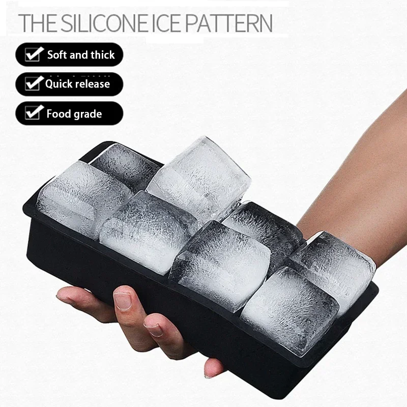 4/6/8 Grid Ice Tray Mould Food Grade Silicone Large Ice Cube Square Tray Mold for Home Fridge Ice Maker Suitable for Beer Whisky