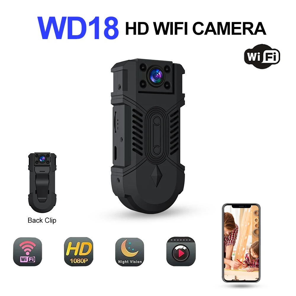 

1080P WiFi Mini Camera IR Night Vision Body Comcorder Motion Detection Video Recorder Loop Recording 180° Rotating Lens Monitor