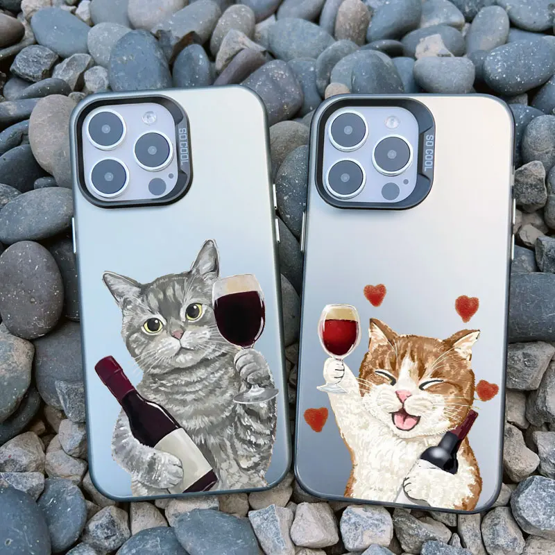 Chic Red Wine Glass & Cute Cat Shockproof Laser Phone Case Cover