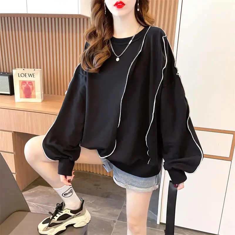

Cotton Spring Autumn Bright Line Decoration O Neck Women Long Sleeve T Shirts Harajuku Oversized Black Cool Creative Design Tops