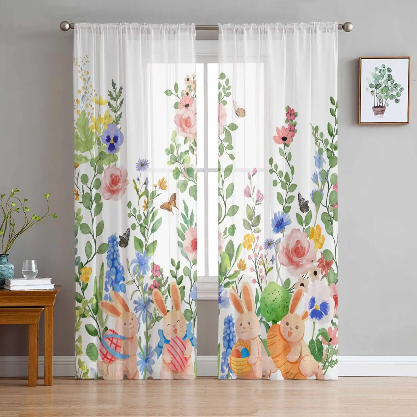 

Watercolor Rabbit Flower Plant Tulle Curtains for Living Room Sheer Curtain for Bedroom Kitchen Blinds Voile Curtains