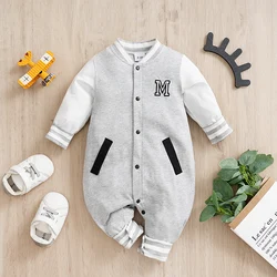 Newborn Baby Cotton Baseball Jumpsuit Pajamas - Gray - 9-12M  80CM (Gray)