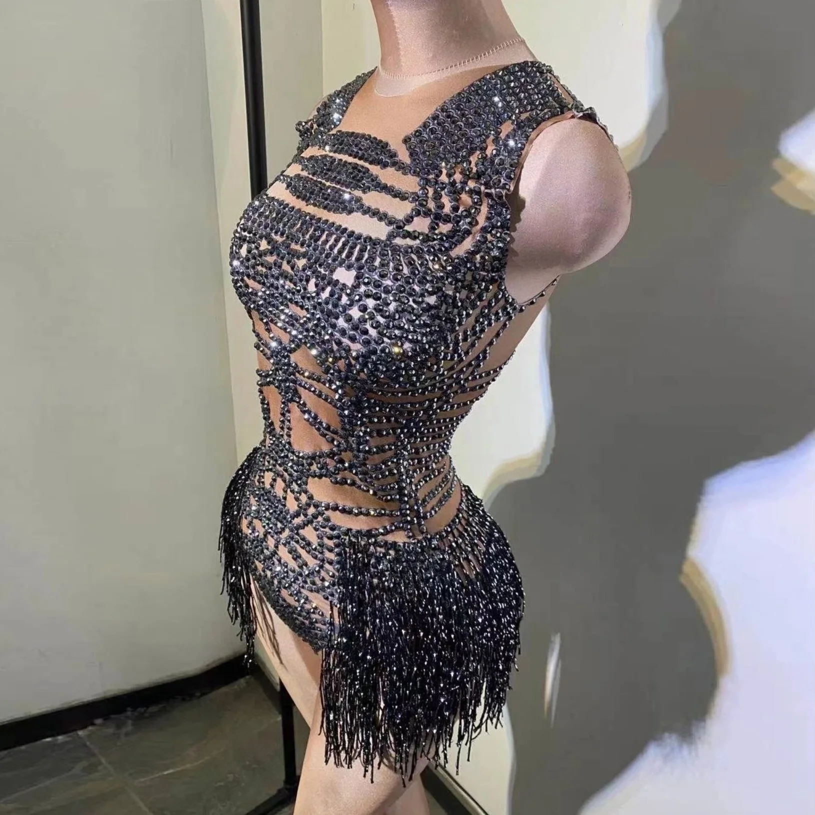 

New Arrival Black Rhinestone Tassels Sleeveless Bodysuit Bar Women Singer Costume Celebrate Outfit Evening Dance Stage Playsuit
