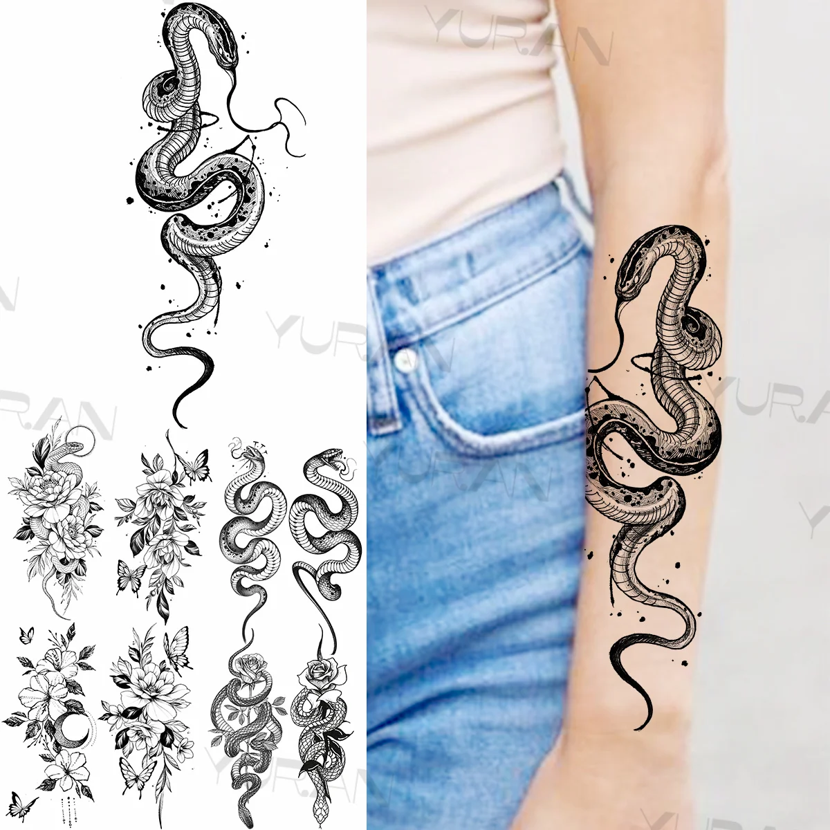 

Snake Temporary Tattoos For Women Girls Realistic Rose Flower Butterfly Fake Tattoo Sticker Creative Forearm Body Flora Tatoos