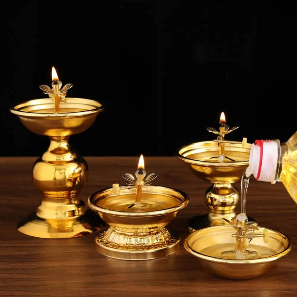 Vintage Anti-slip Alloy Oil Lamp Exquisite Adjustable Butter Lamp Holder High-legged Oil Dish Ornaments Decor