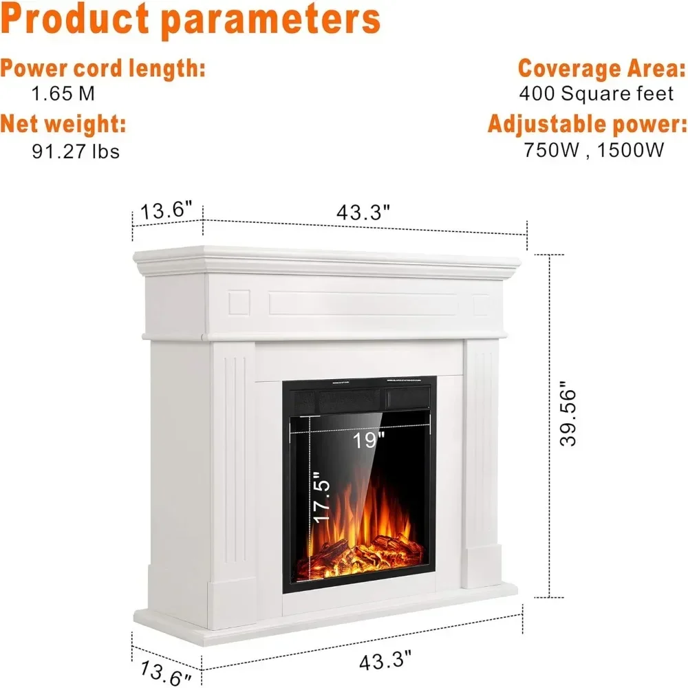 Electric Fireplace Mantel Package Wooden Surround Firebox TV Stand Free Standing Electric Fireplace Heater, Adjustable Led Flame 6