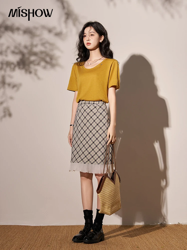 MISHOW Checkered Skirt Women 2024 Summer Retro Spliced Lace High Waist A-line Elegant Temperament Knee-Length Skirts MXD24B0273