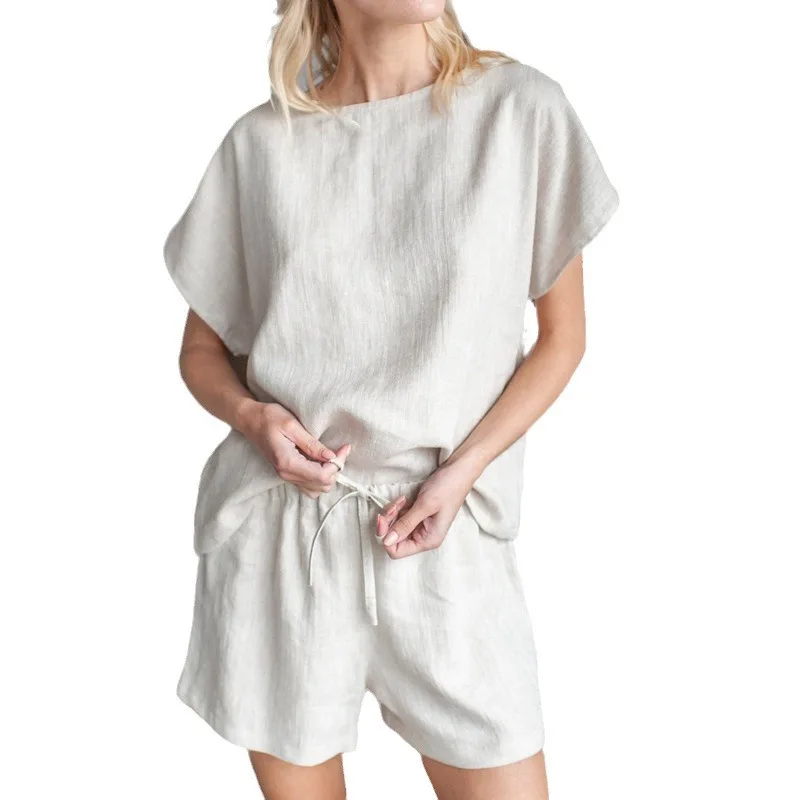2024 Summer Solid Color Round Neck Retro Fashion Casual Home Short-sleeved Drawstring Shorts Suit Women's Two Pieces Set