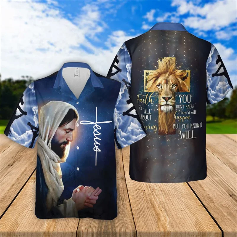 thumbnail image 1 of Camisa hawaiana Aloha con Jesús y león, unisex, con solapa, de manga corta, para verano, para hombre y mujer, genial para playa, con flores, tops cruzados, 1 of 5