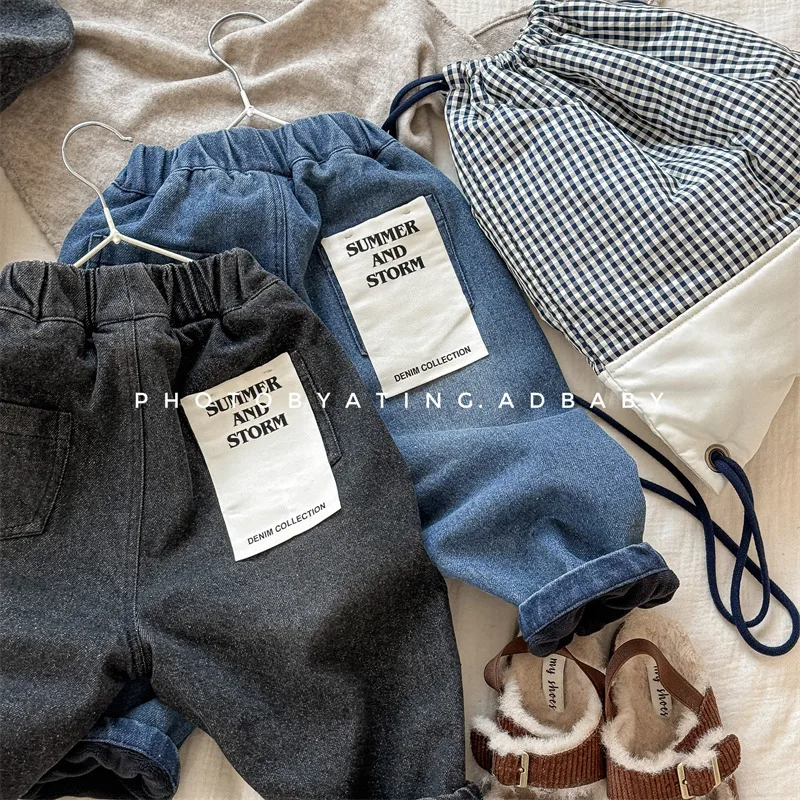2025 Winter New Children Plus Velvet Thick Jeans Letter Print Girls Trousers Baby Boy Fleece Denim Pants Kids Warm Pants 1 2025 Winter New Children Plus Velvet Thick Jeans Letter Print Girls Trousers Baby Boy Fleece Denim Pants Kids Warm Pants