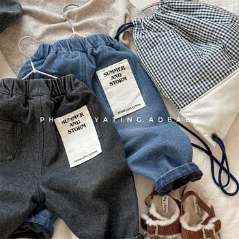 2025 Winter New Children Plus Velvet Thick Jeans Letter Print Girls Trousers Baby Boy Fleece Denim Pants Kids Warm Pants