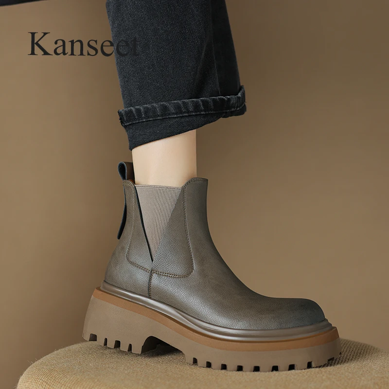 

Kanseet Round Toe Short Boots 2023 Autumn Winter Women Elastic Green Genuine Leather Shoes Thick Heels Ankle Boots Sizes 40 New