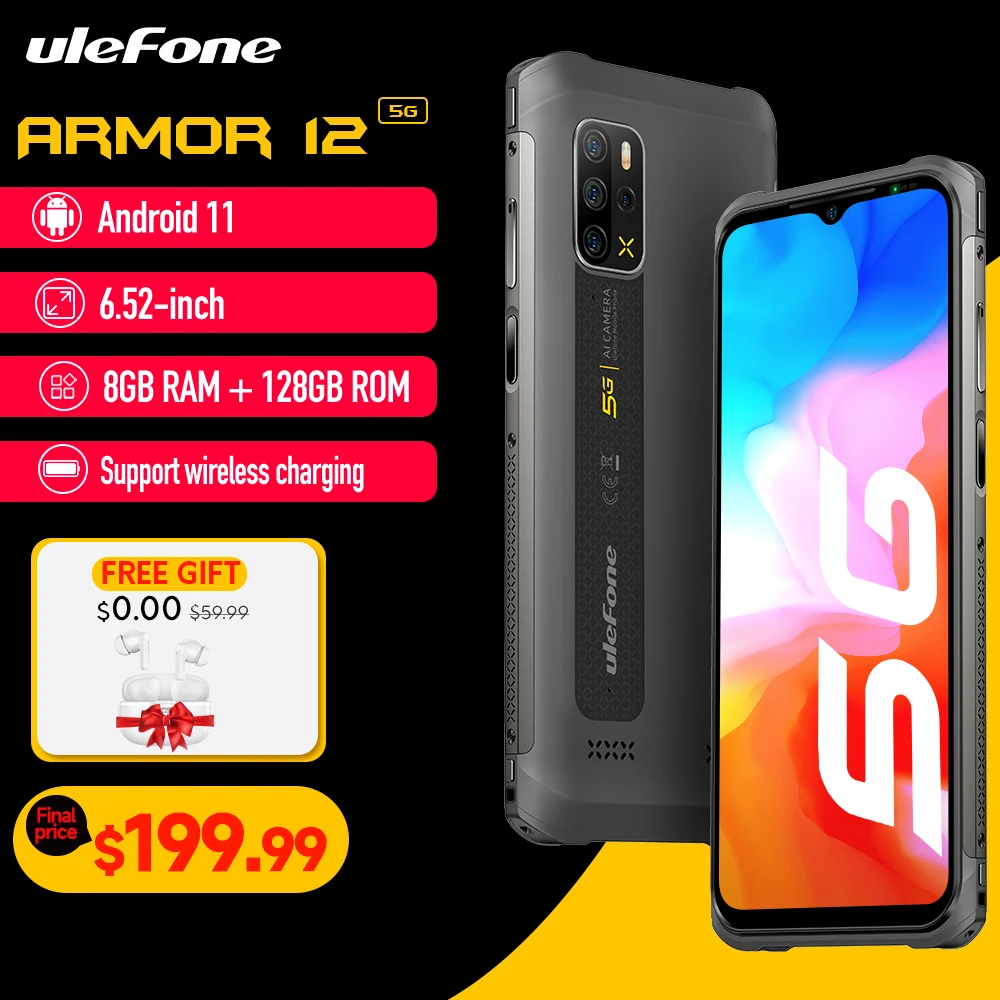 Ulefone Armor 12 5G Rugged Phone Android 11 8GB+128GB Global Version 6.52“ Waterproof Smartphone 5180 mAh Wireless Charging NFC