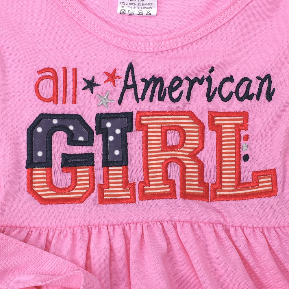 2023 New Design Summer Kids Girls Dress Pink American Girl Embroidery  T-shirts Suit July 4th Shorts Outfits For 1-8T Baby