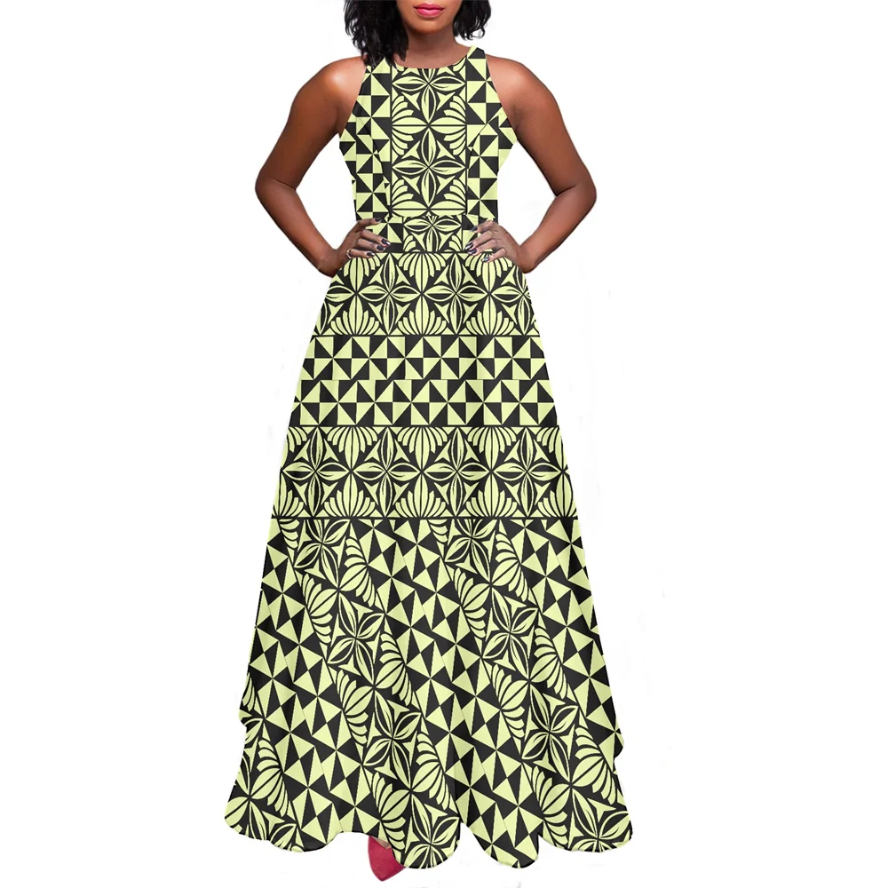 

Chiffon Dresses Women Ladies Floor Length Polynesian Tribal Clothing Samoa Yellow Tapa Print Custom Sleeveless Zipper Dress