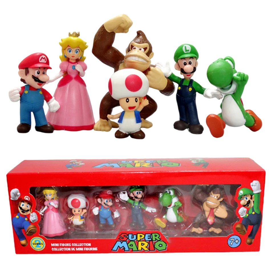

6pcs/set Super Mario Bros PVC Action Figure Toys Dolls Model Set Luigi Yoshi Donkey Kong Mushroom for kids birthday gifts