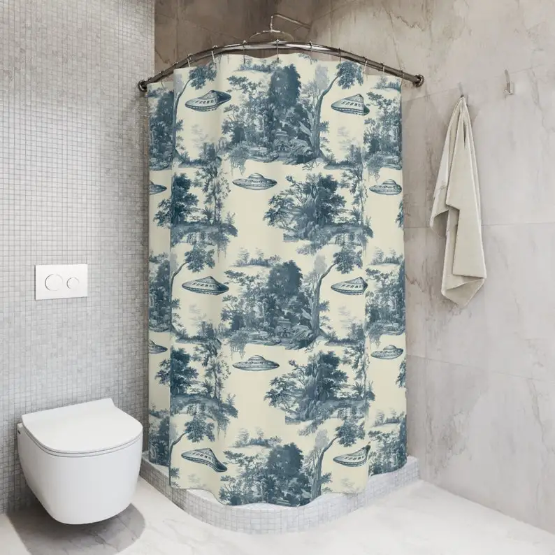 Blue Toile de Jouy Sci Fi Vintage UFO Shower Curtain Bath Decor, Close Encounter Take Me With You Alien Abduction Bathroom Decor 1