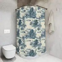 Blue Toile de Jouy Sci Fi Vintage UFO Shower Curtain Bath Decor, Close Encounter Take Me With You Alien Abduction Bathroom Decor