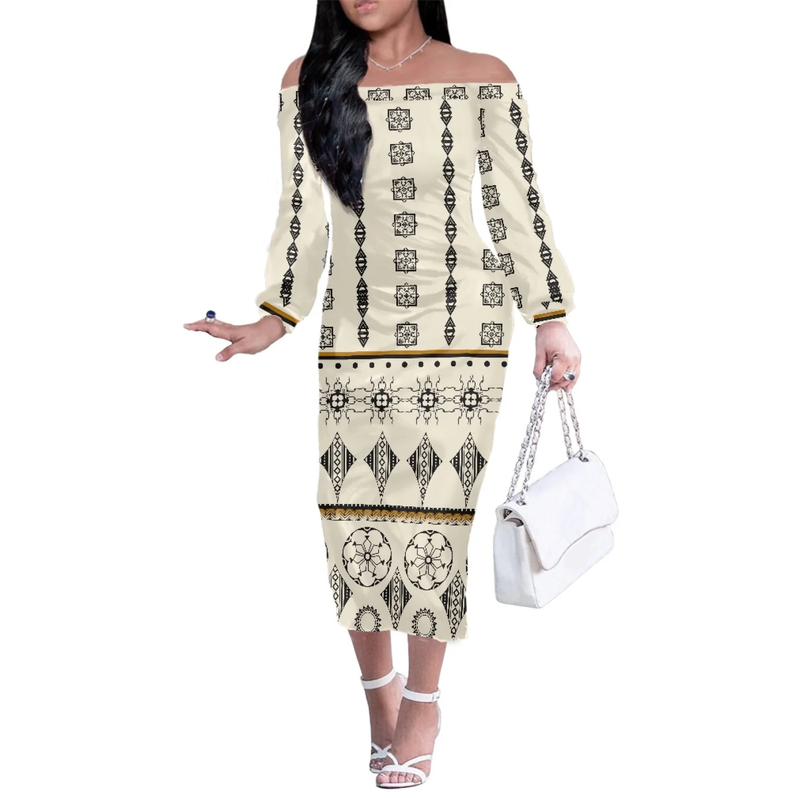 

Polynesian Tribal Hawaiian Totem Tattoo Hawaii Prints Colorful Hibiscus ​Flower Designs Sexy Elegant Long Sleeve Mermaid Dress