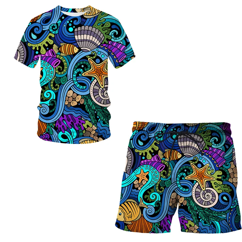 

Men's Tshirts Trendy 3D Digital Printing Men's Summer Short Sleeve_Beach Pants Set Men's Abstract pattern T-shirt + Shorts Set