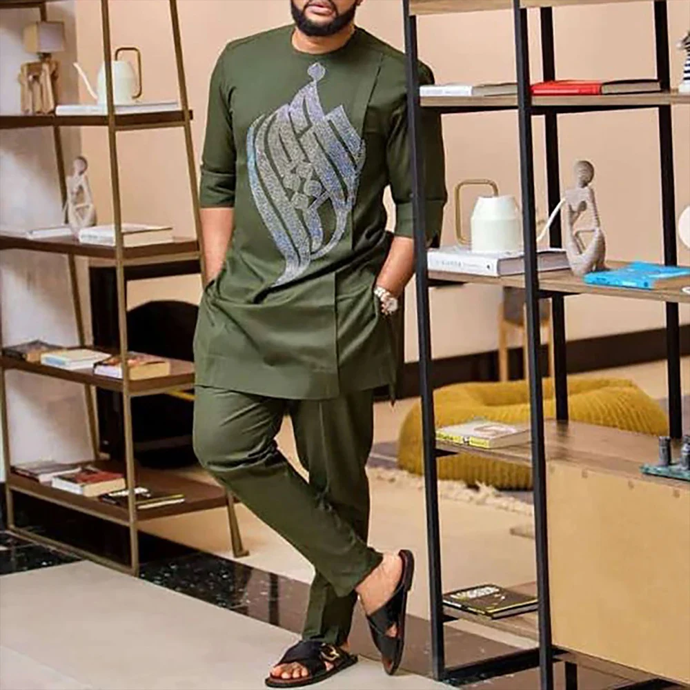 Kaftan Outfit Set Kaftan Elegant African Men's Set Long Sleeve Ethnic Top And Pants Full Luxury 2 Pieces Outfits Dashiki Solid Color Wedding Dress