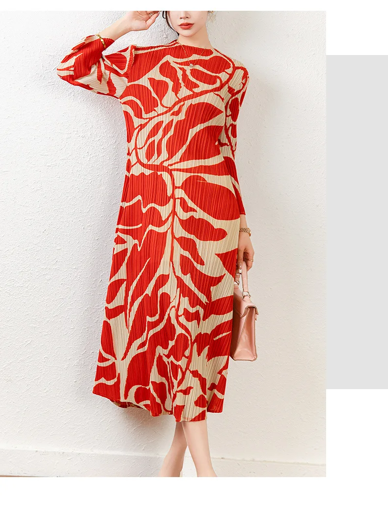 

HOT SELLING Miyake fashion Nine points sleeve o-neck fold print A-LINE dress IN STOCK