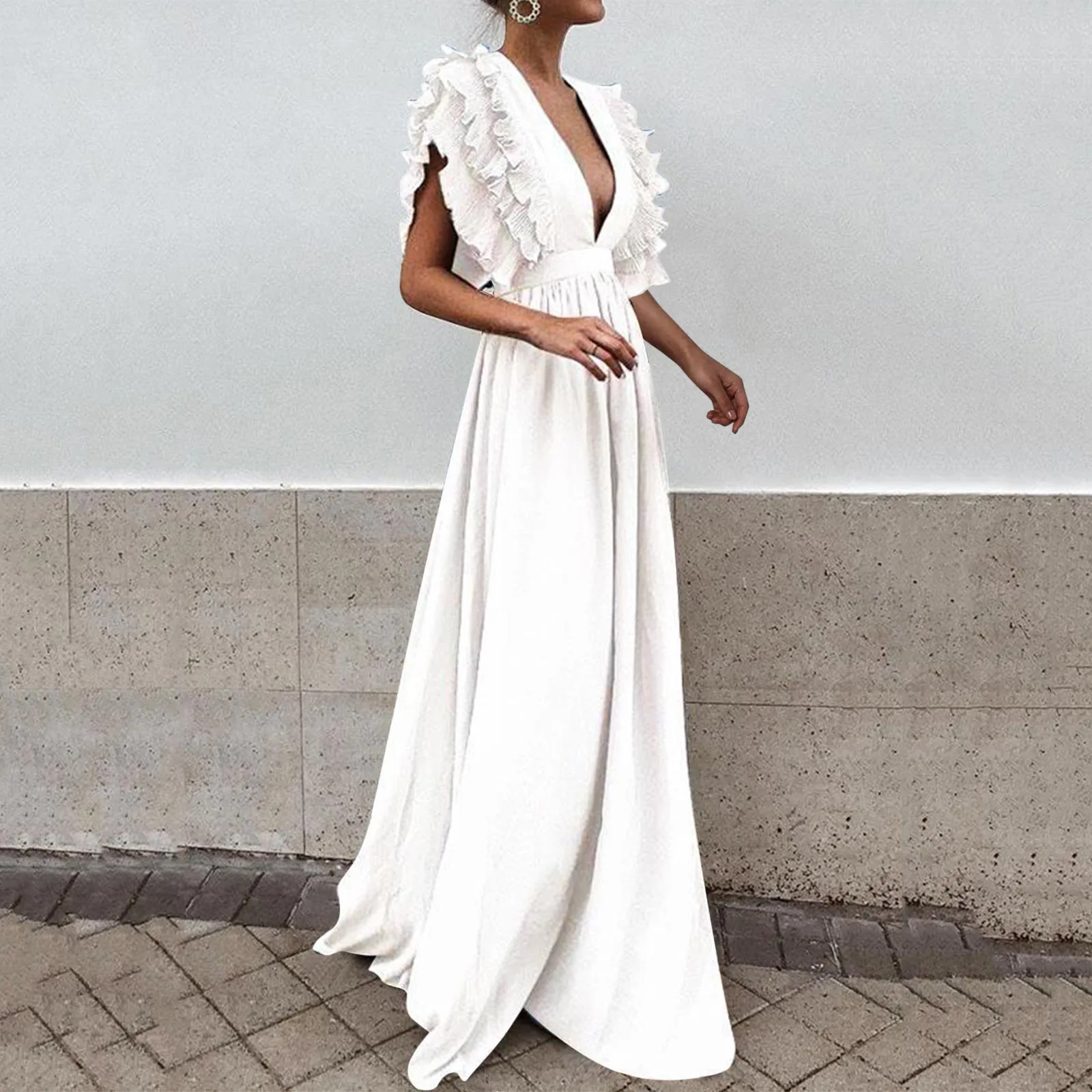 

Wrap V Neck Ruffle Sleeve Women'S Dress Tie Waist A Line Long Female Elegant Formal Dresses Party Evening Prom Gala Vestidos