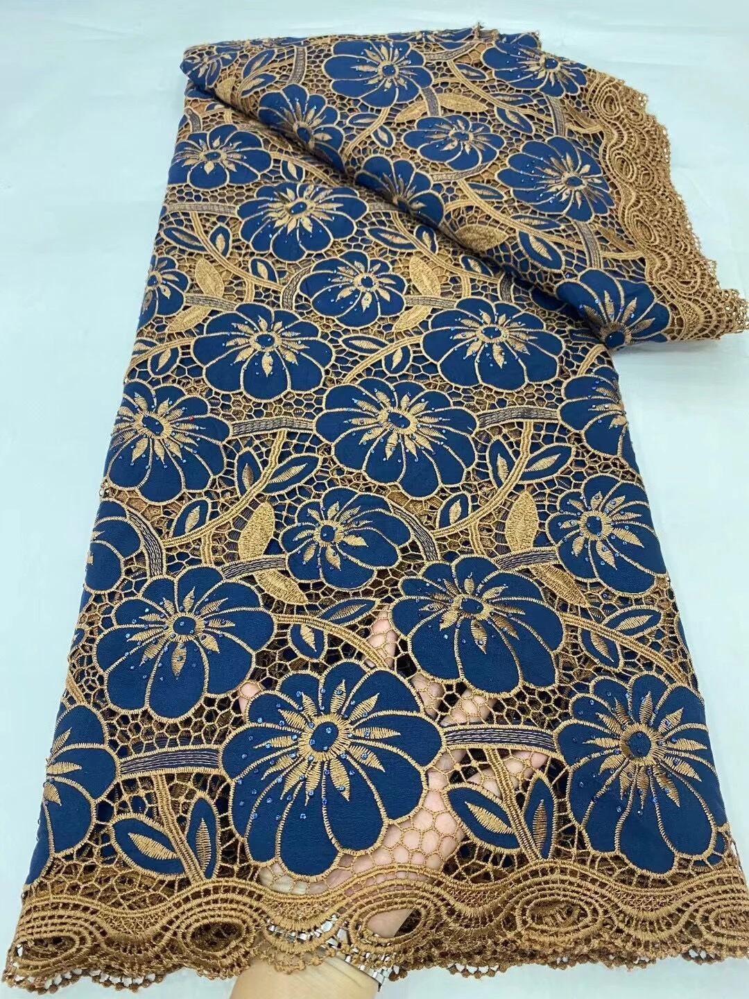 

African Nigerian Lace Fabrics Embroidery For Women Party Dresses Tulle Cotton Rhinestone Blue Linen Fabric In By The Meter 5Yard