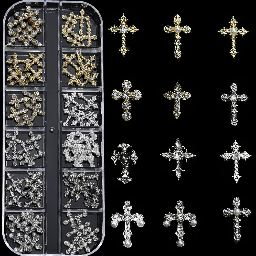 12Grids 3D Exquisite Kreuz Nail art Strass Y2k Metall Punk Voll Glitter Diamant Kreuz Nagel Charms Flache-Rückseite schmuck Nagel Dezember – Detail 5