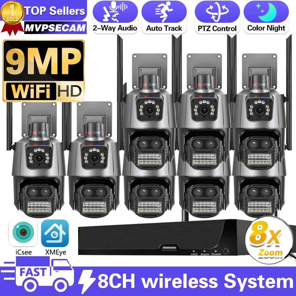 

WiFi Surveillance System 8CH Wireless NVR ICSEE 9MP Three Lens Security CCTV IP Cameras 8X Zoom PTZ Outdoor Smart WIFI NVR Kit