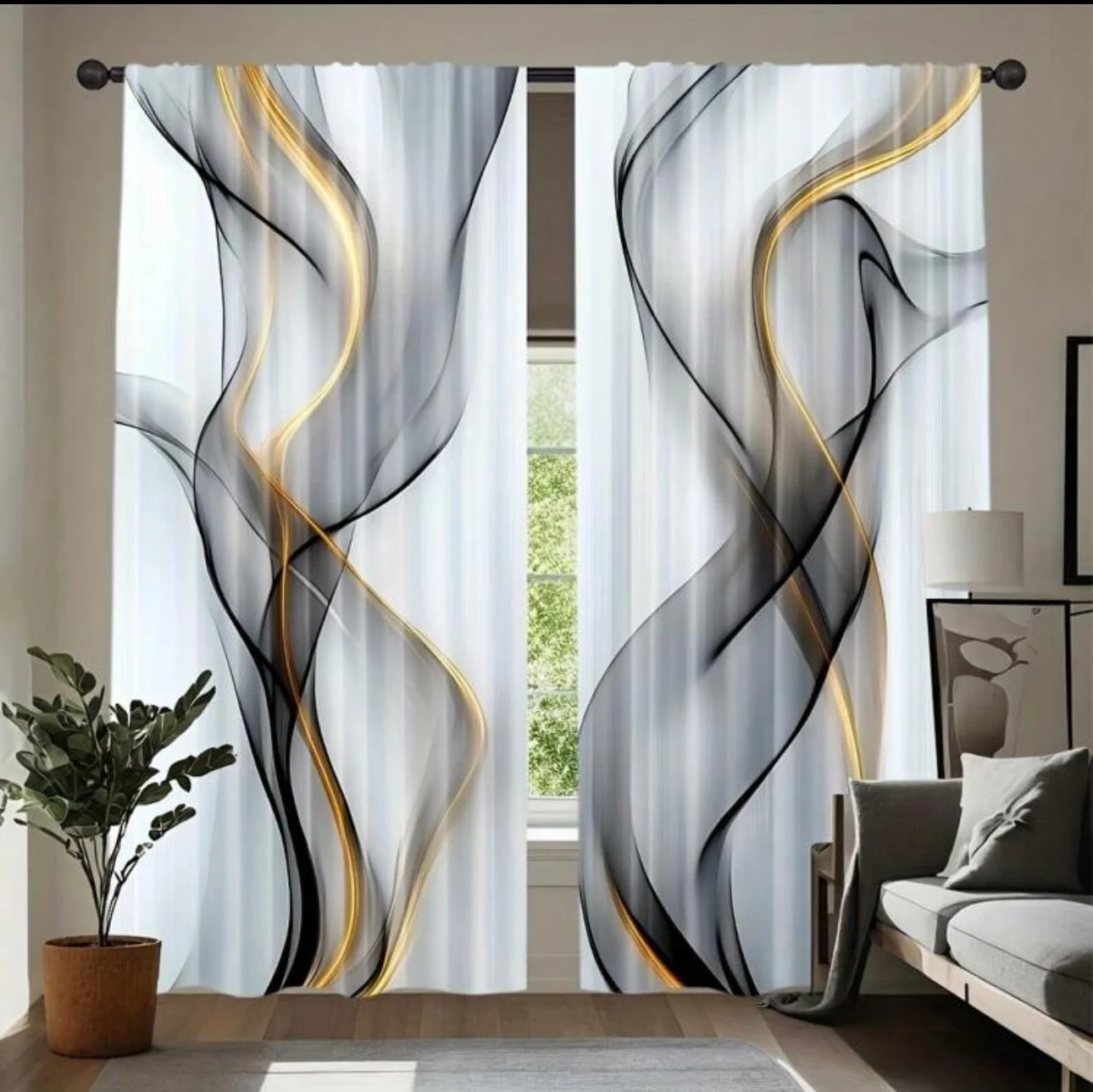 Cortinas estampadas con patrón ondulado vertical, cortinas con bolsa de poste, dormitorio y sala de estar, decoración del hogar, decoración de la habitación (v1.12.4)