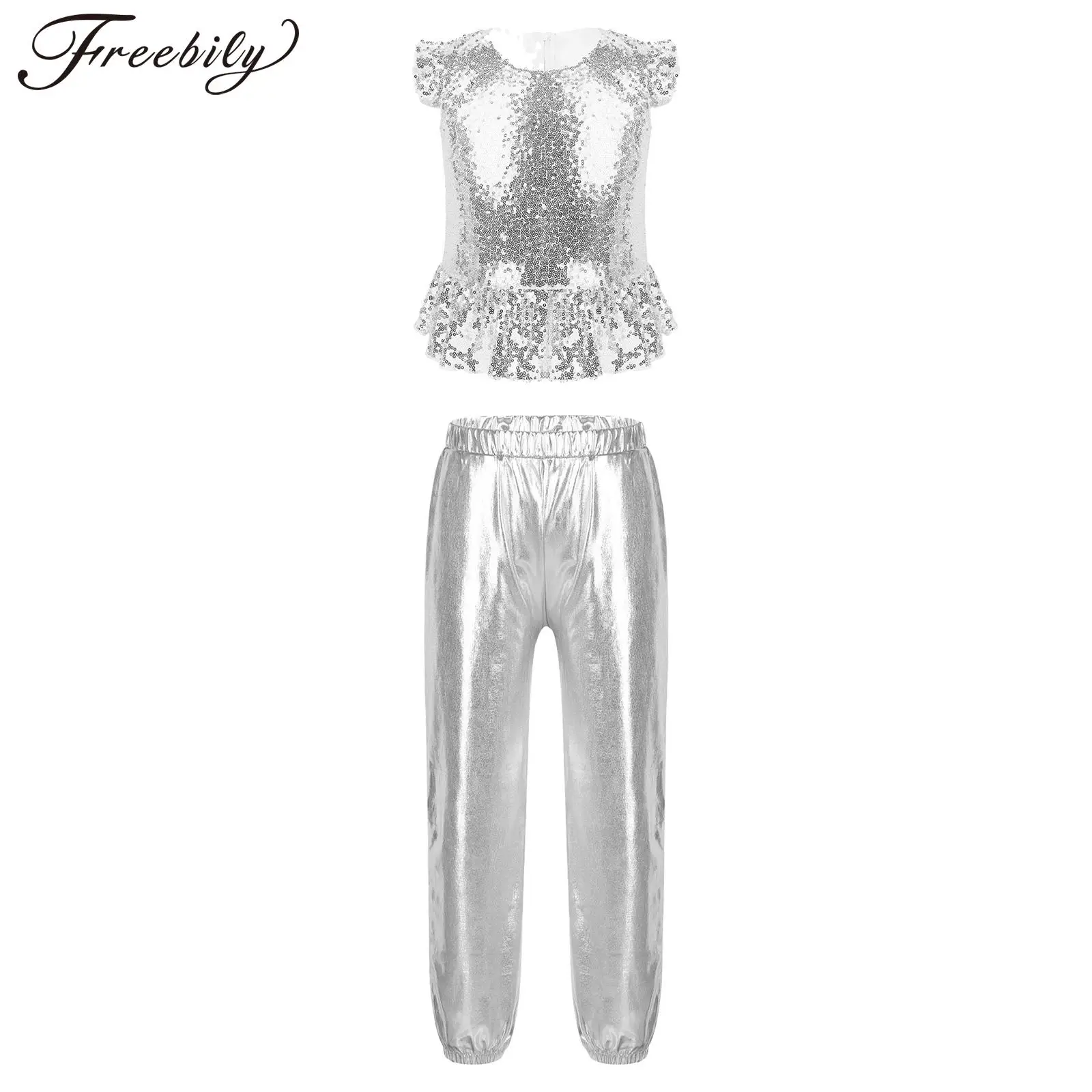 

Kids Girls Hip Hop Street Jazz Dance Clothes Shiny Sequin Tops with Metallic Pants for Carnival Birthday Party Stage Performance