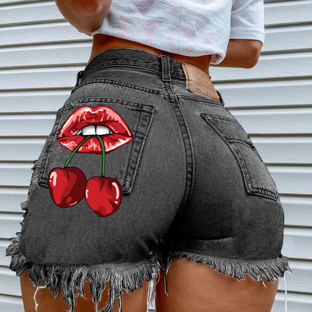 Sexy Heart Print Jean Shorts Women Casual 2024 Summer Fashion harajuku Streetwear Fur-Lined Leg-Openings Denim Booty Shorts y2k