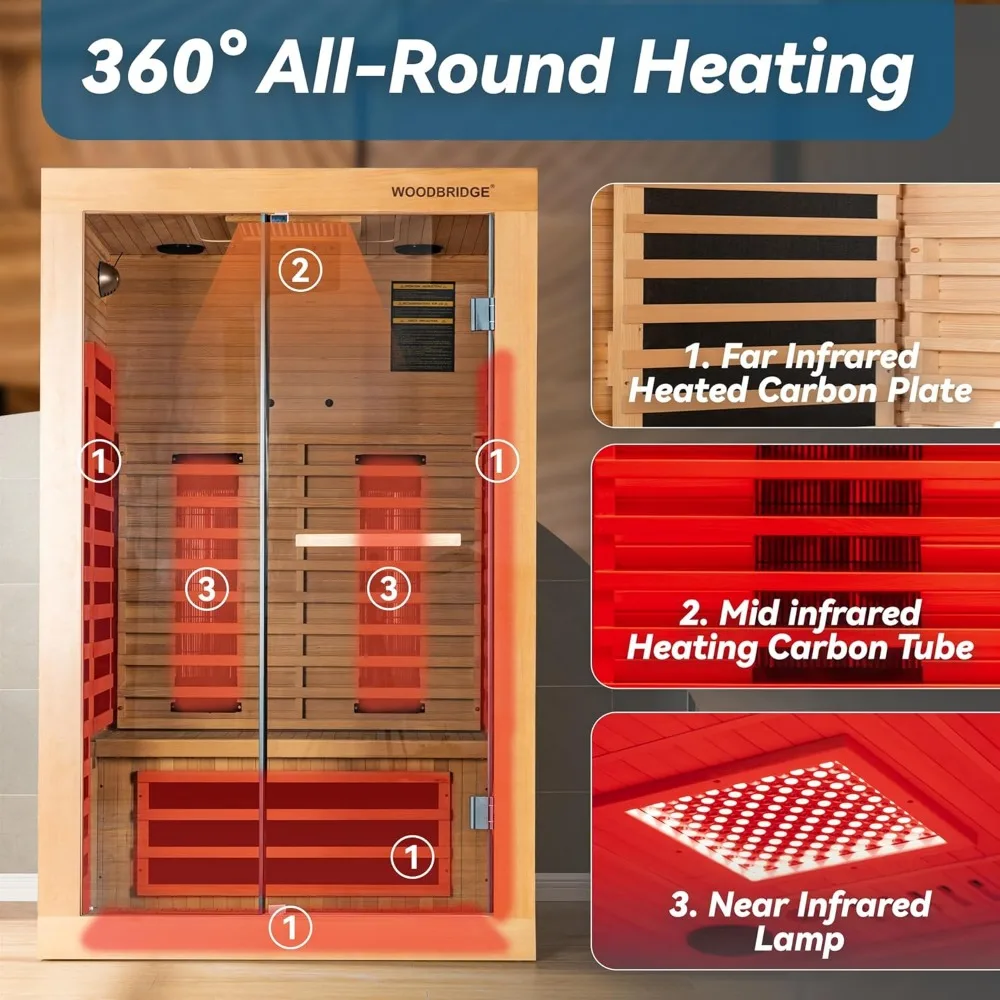 Infrared Home Sauna Room 2 Person Hemlock Wooden Indoor Sauna,7 Carbon 1980W/120V Heaters,with Led Color Therapy Light 4