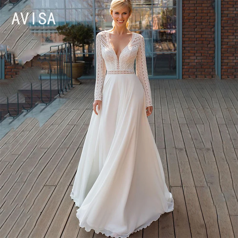 

Bohemian V-Neck Long Sleeves Wedding Dresses Lace Appliqued Chiffon Bridal Gowns For Women Robe De Mariée Floor-Length Lace Up