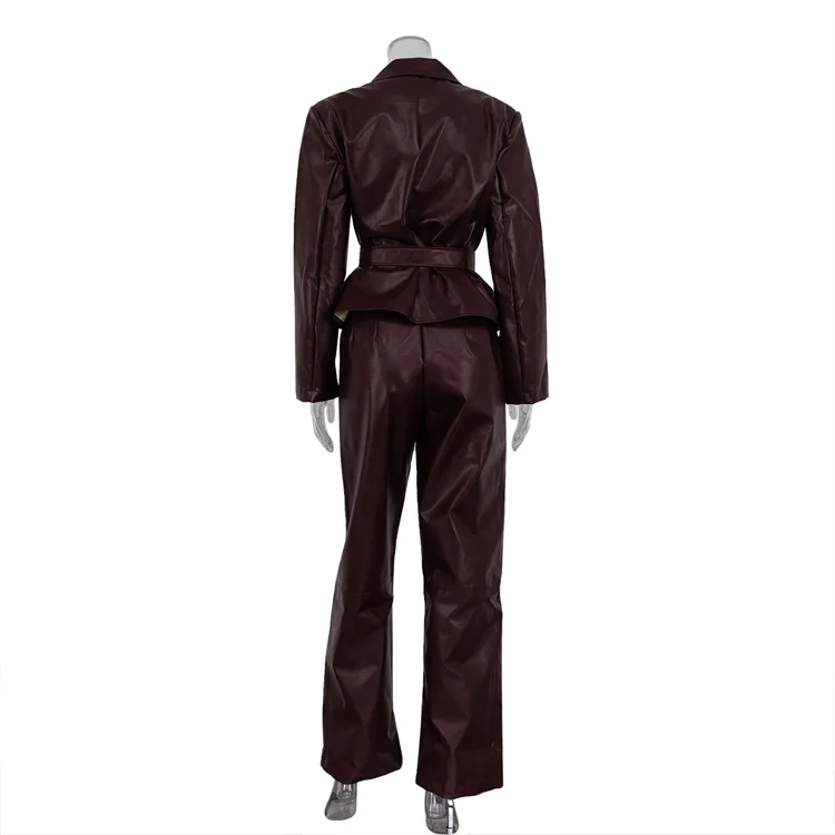 Vintage PU 2 Piece-Set Trousers Female Lace-Up Pocket Fashion Outwear Streetwear Autumn Patchwork Women's Pants Sets