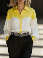 Women Shirt Blouse Long Sleeve Turn Down Collar Button Color Block Patchwork Casual Female Office Tops Trendy Work Shirt - Image 3
