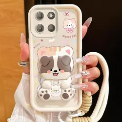 Lucky Cat Sky Eye Bracket Lanyard Silicone Phone Case - Motorola Moto G14 (WHITE)