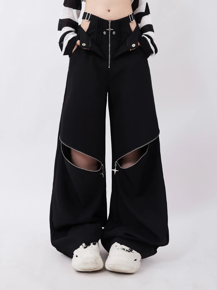 

Black Cargo Pants Women's 2023 Summer American Hot Girl Low Waist Zipper Two-Way Design Casual All-Match Wide Leg Pants Fashion